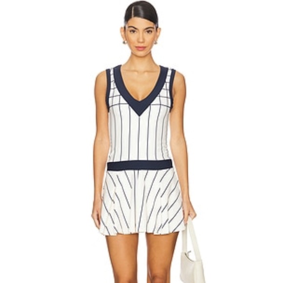 WEWOREWHAT V Neck Pleated Dress in Off White & Set Blue - Picture 1 of 8